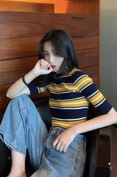 Short Sleeve O-Neck Stripped Slim Shirt